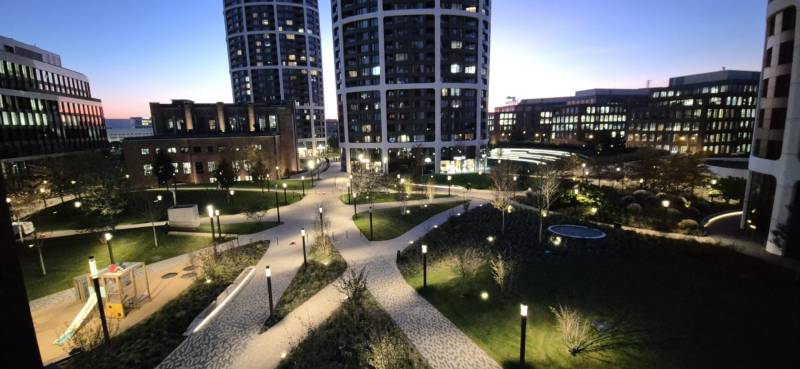 An evening in Bratislava on Bottova Street, new buildings with garden architecture.