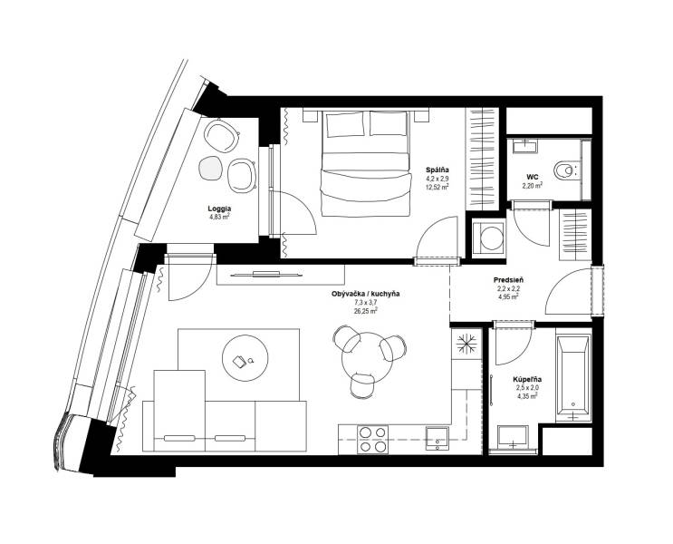 The floor plan of a 2-room apartment includes a loggia, a living room with a kitchen, a bedroom, and a bathroom.
