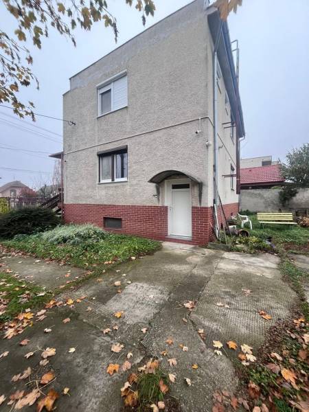 A family house in Dlhá nad Váhom with a plastered facade, a concrete sidewalk, fallen leaves.