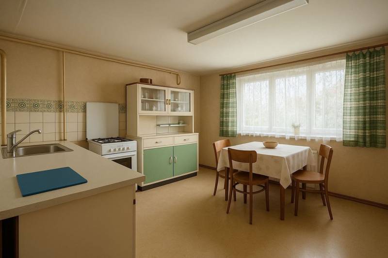 Retro kitchen with dining table and chairs in a family house.