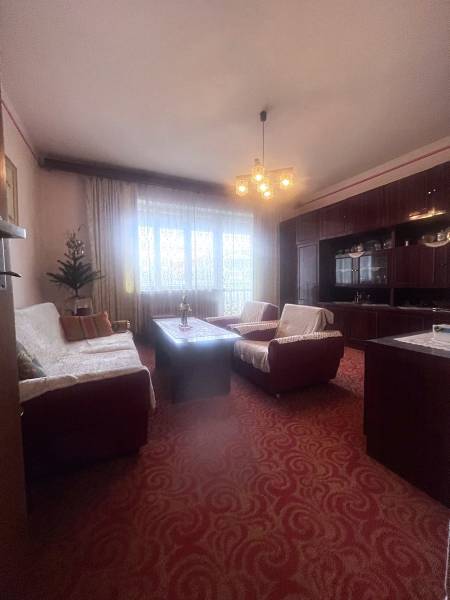 Living room in a family house with a red carpet and a sofa set.