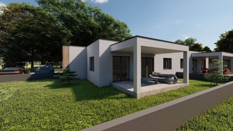 A family house in Žihárec with a terrace and garden, surrounded by greenery and cars.