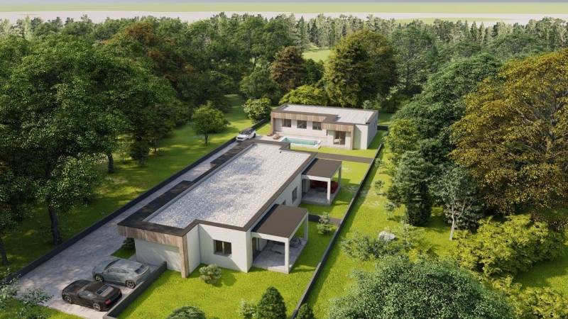 Family houses in Žihárec surrounded by green trees, with a swimming pool and a driveway.