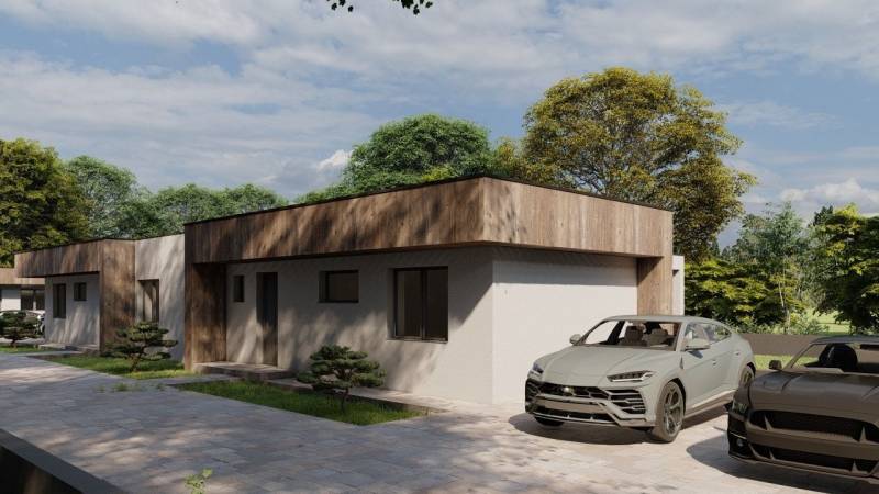 A family house in Žihárec, modern cars, a landscaped garden, a clear sky, and trees in the background.