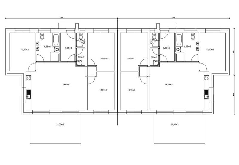 Floor plan of a family house in Žihárec with details of rooms and dimensions for each zone.