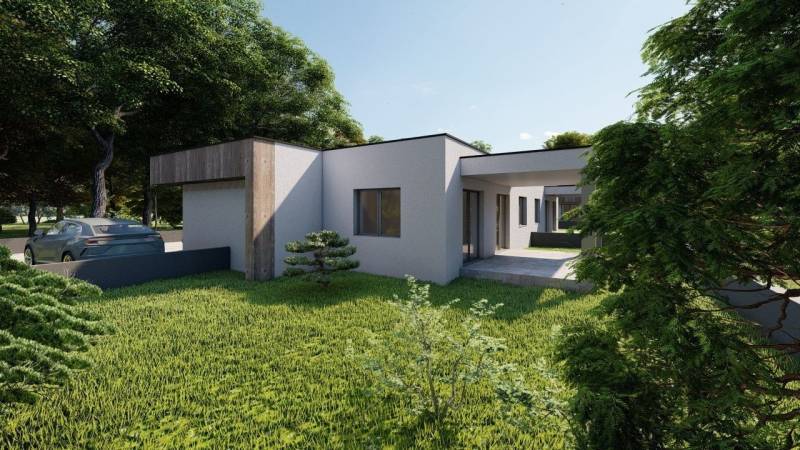 A family house in Žihárec with modern architecture and a landscaped garden surrounded by greenery.