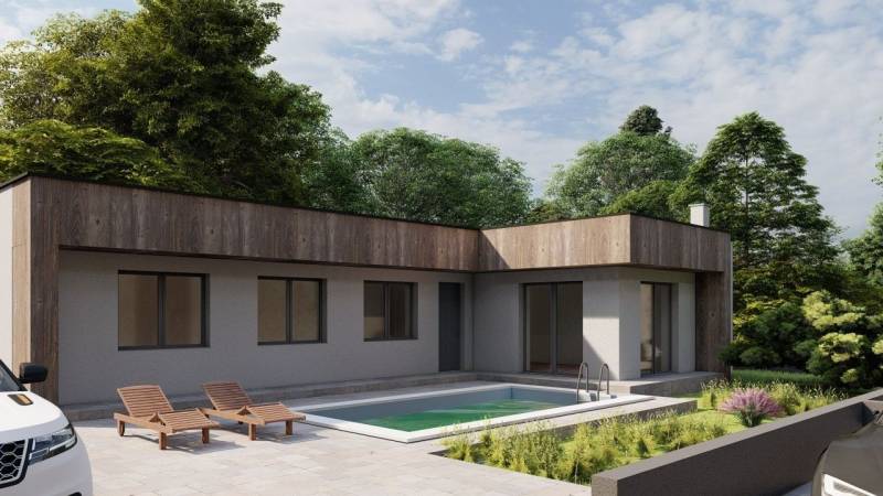 A family house in Žihárec with a swimming pool, terrace, sunbeds, and surrounding greenery.