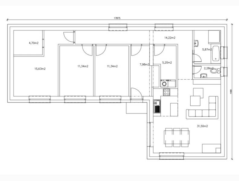 Floor plan of a family house in Žihárec with a living room, kitchen, and three rooms.