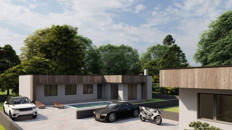 A family house in Žihárec with a swimming pool, two cars, and a motorcycle on a paved yard.