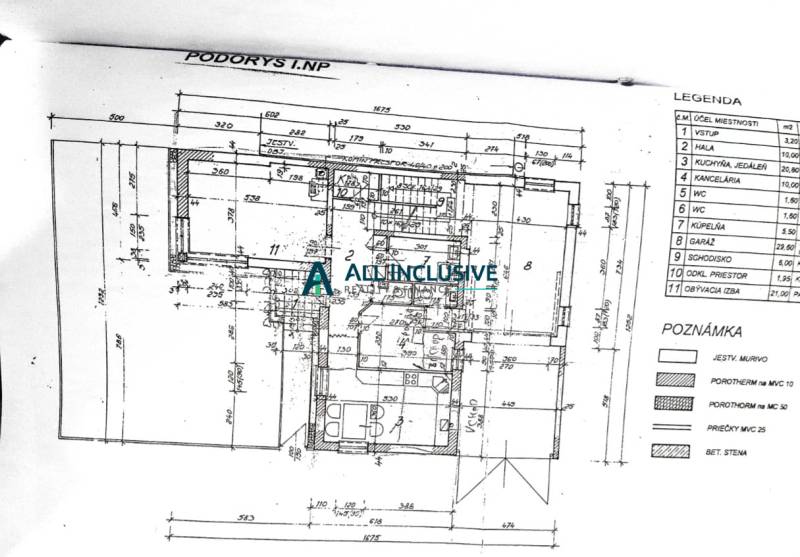 First floor plan of a family house with detailed dimensions and room legend.
