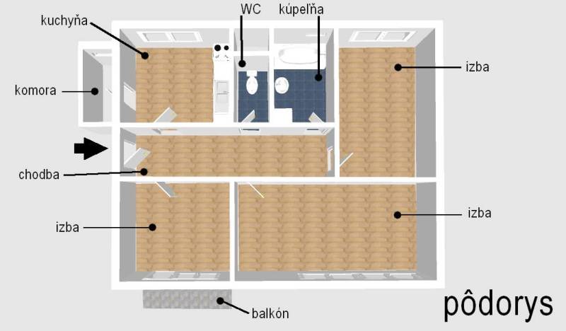 Floor plan of a 3-room apartment with wood-patterned flooring, a kitchen, and a balcony.