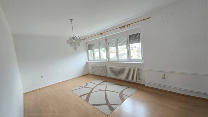 Living room in a three-room apartment with a wooden decor floor and a carpet.