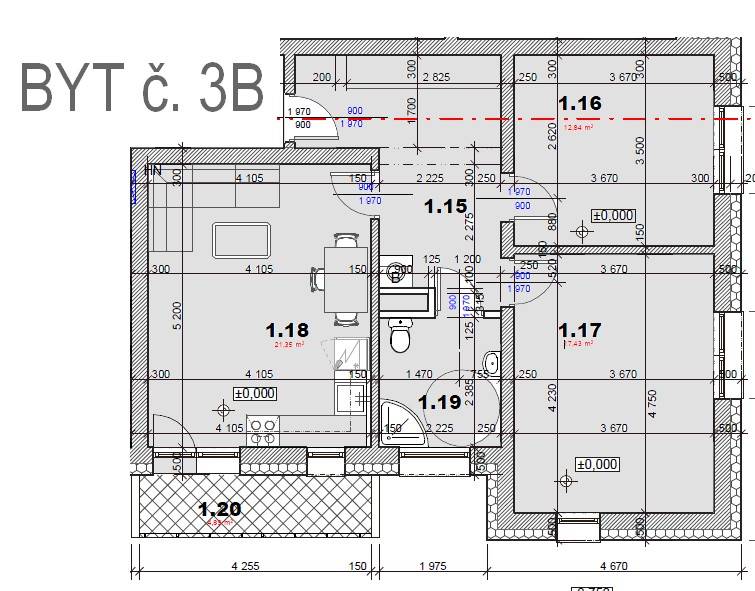 Floor plan of a 3-room apartment with marked rooms and dimensions.