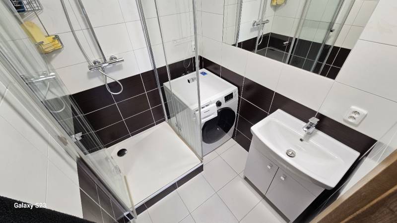 A bathroom with a washing machine, shower, and sink in a 3-room apartment.