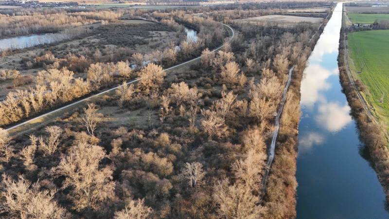 Aerial view of Recreational plots near Nová Ves nad Váhom with a river and forests.