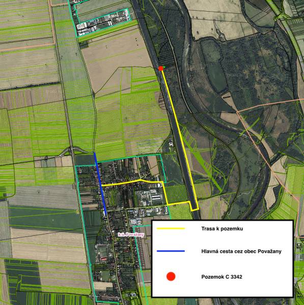 A flight map showing the route to plot C 3342 in the Recreational Land area near Nová Ves nad Váhom.