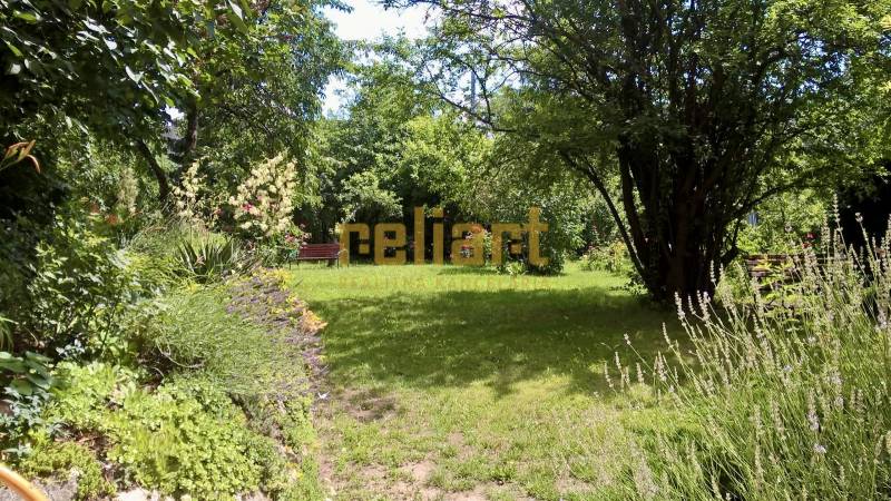 A garden with a bench, surrounded by lush vegetation and trees, creates a peaceful environment.