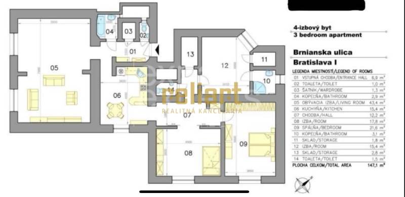 Floor plan of a 4-room apartment with rooms, kitchen, and bathrooms on Brnianska Street, Bratislava.