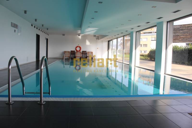 Indoor pool with loungers in a 4-room apartment.