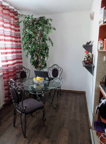 Dining room in a 3-room apartment with a glass table, potted plant, and wood-patterned flooring.