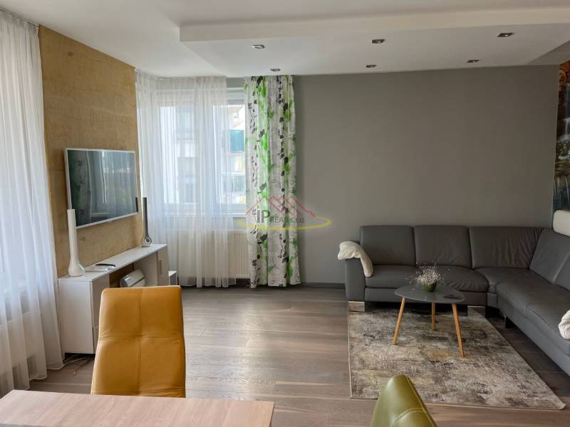 Living room in a 4-room apartment with wood-patterned flooring, a gray sofa, and a TV.