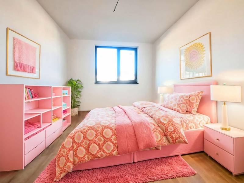 Pink bedroom in a family house with a wood-patterned floor, wardrobe, and plant.