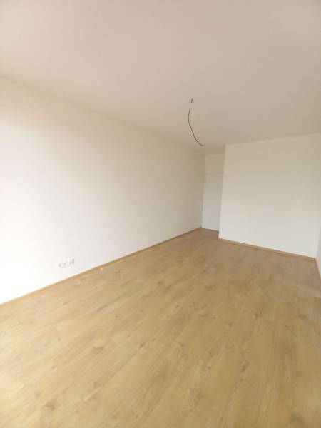 A room in a family house with a wooden decor floor and white walls.