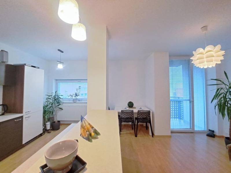 Kitchen and dining area with wood-patterned flooring in a 2-room apartment.