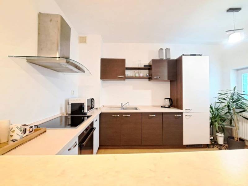 A kitchen in a 2-room apartment with wooden cabinets and appliances on the countertop.