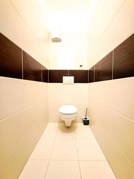 A toilet with large-format tiles in a 2-room apartment, light floor tiles, contrasting stripe.