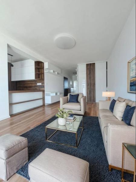 Living room in a two-room apartment with a wooden decor floor and comfortable sofas.