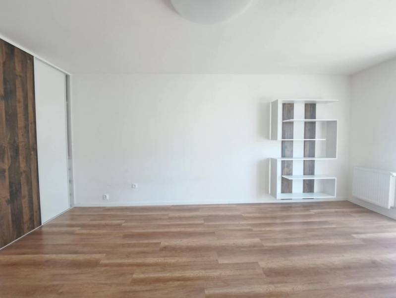 A room in a 2-room apartment with a wooden decor floor and white walls.