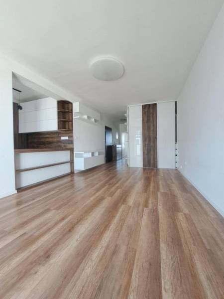 A bright room with a wood-decorated floor in a two-room apartment.