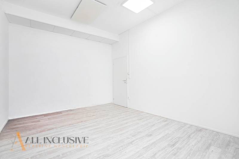 Interior with white walls and wood-patterned flooring in the office.