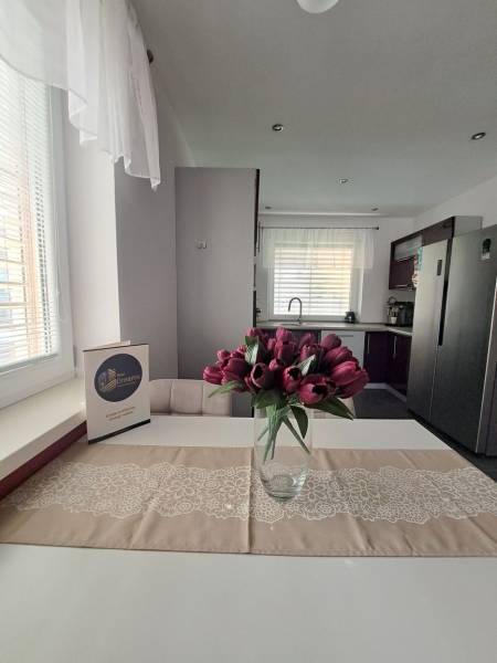 A kitchen in a family house with a vase of tulips on the table and white curtains.