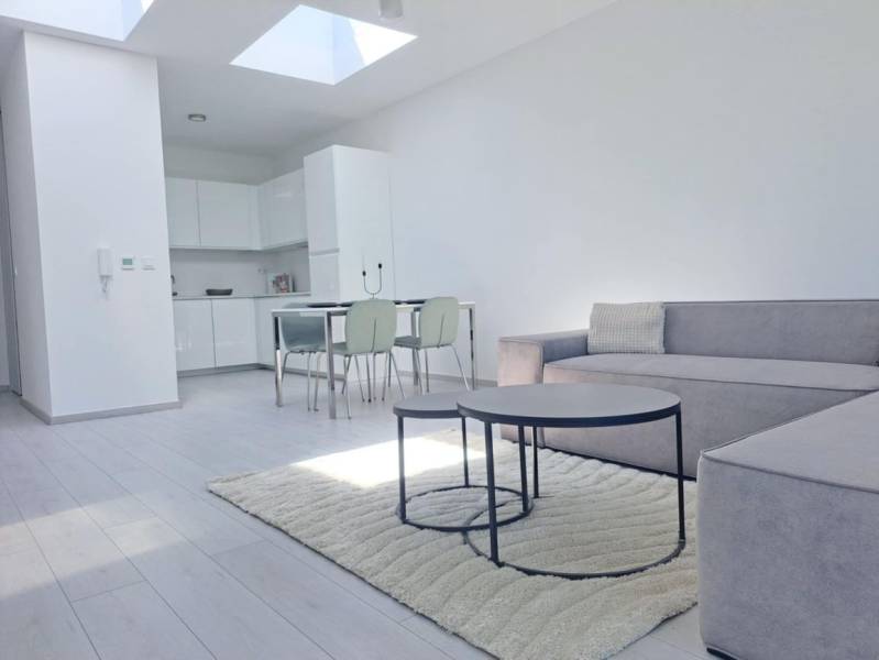 A bright living room with a kitchen, a sofa, and a wooden decor floor in a two-room apartment.