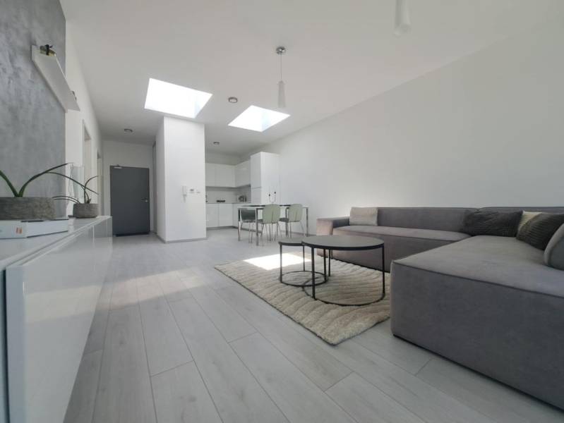 Living room with a sofa, wooden decor flooring, and a dining table in a 2-room apartment.