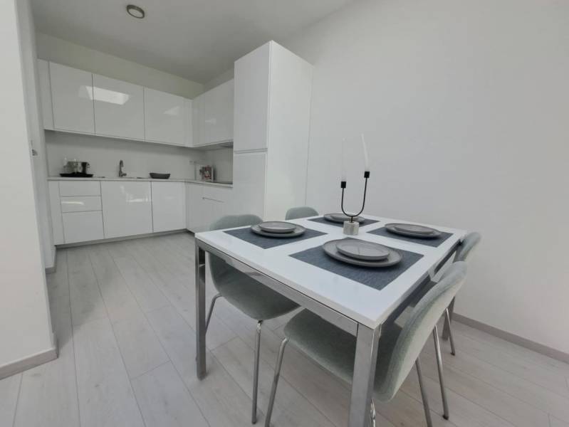 Dining area in a 2-room apartment with a kitchen unit and flooring with a wood decor.