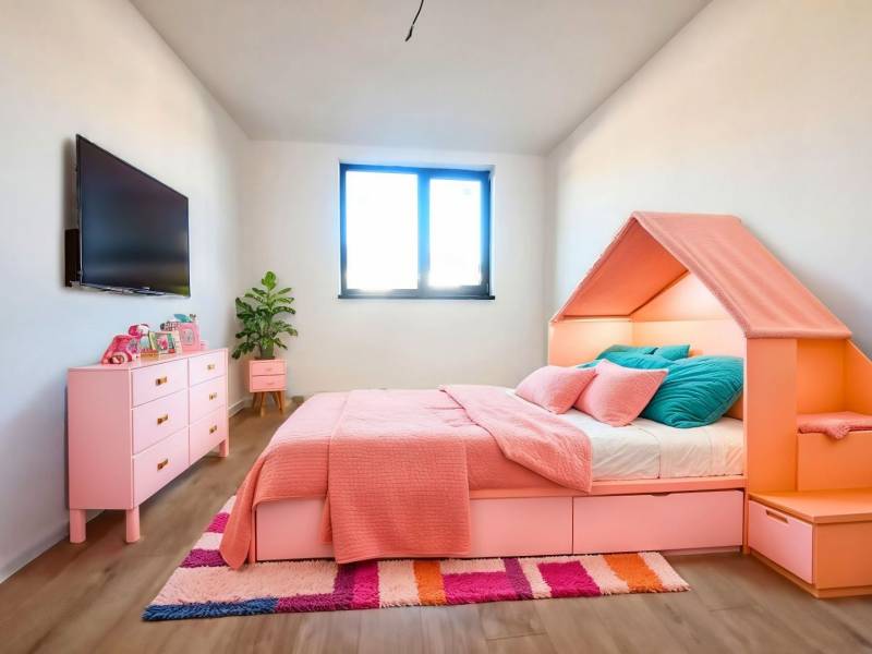 Bright children's room in a family house with pink furniture and a wooden decor floor.
