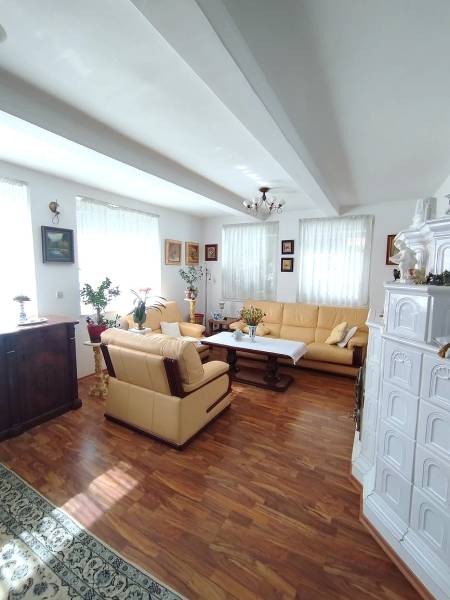 Living room of a family house with a wooden-patterned floor, a fireplace, and a comfortable sofa set.