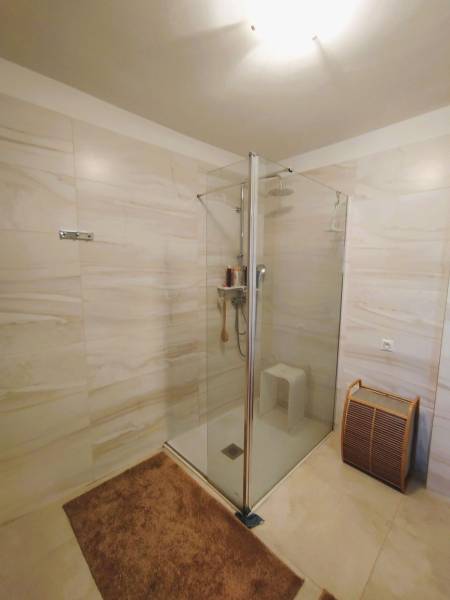 Shower enclosure with marble tiles, glass partition, and brown carpet in a family house.