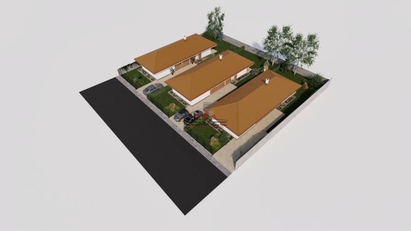 Visualization of three family houses on Veselé Street in the town of Veselé with two parking lots.