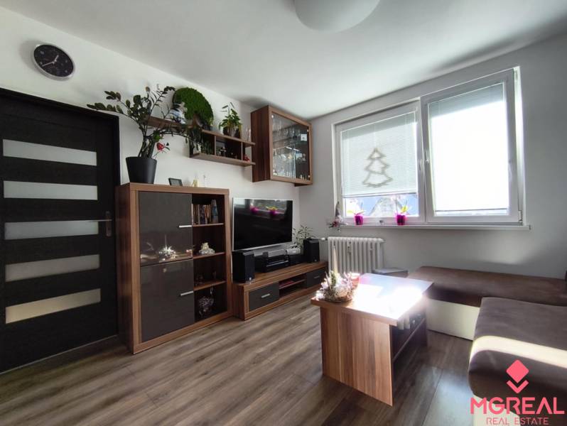 Living room in a studio apartment with wood-patterned flooring and light-colored furniture.