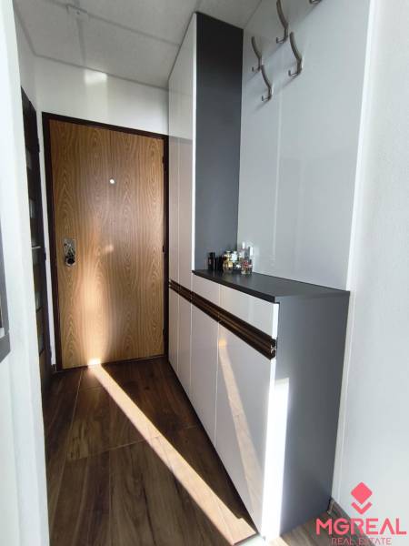 Interior of a 1-room apartment with a wooden decor floor and built-in wardrobes.