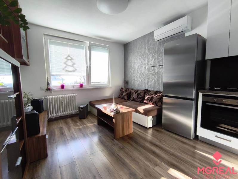 Living room of a one-bedroom apartment with a wooden decor floor, a sofa, and kitchen appliances.