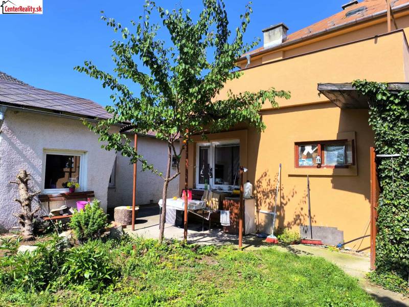 A garden at a family house in Partizánske with a terrace, a tree, and a lawn.