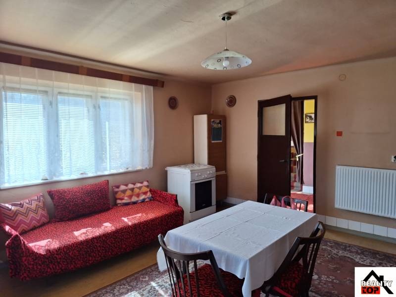 The interior of a family house with a sofa, dining table, and stove.