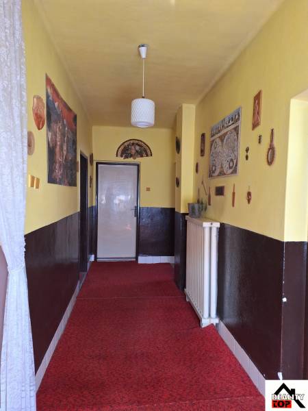 A hallway with yellow walls, a red carpet, and a pendant light in a family house.