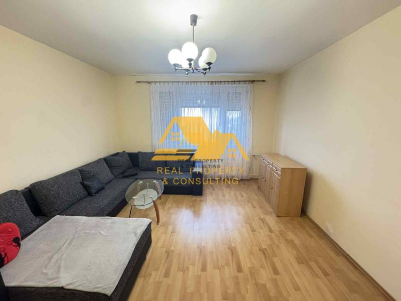 Living room in a 3-room apartment with a corner sofa and a wooden decor floor.
