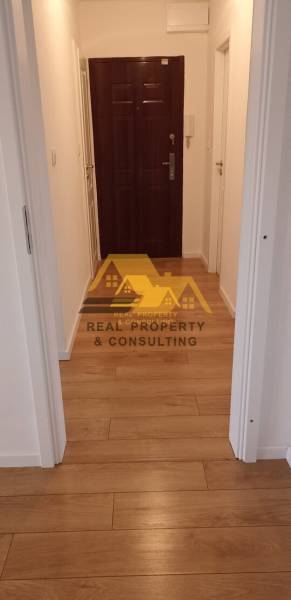 A narrow hallway with entrance doors and a wooden decor floor in a 2-room apartment.